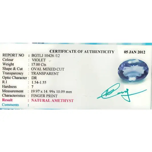 Améthyste naturelle taille ovale a facettes 19.97x14.99x10.09 mm 17.00 carats avec certificat 1