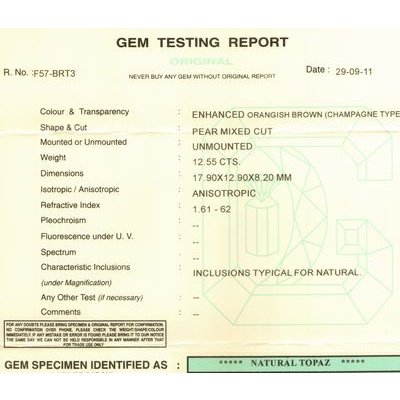 Topaze champagne poire 17.90x12.90x8.20 mm 12.55 carats avec certificat